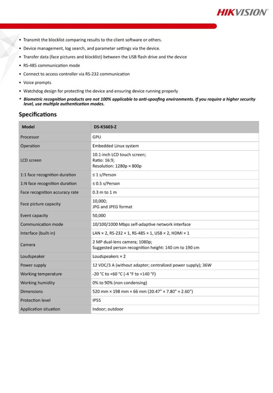 Hikvision DS-K5603-Z Facial Recognition Terminal